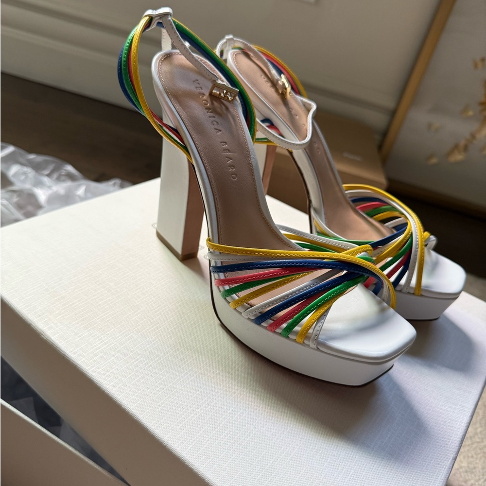 Veronica Beard White Platform Heels with Multicolor Straps